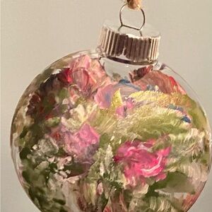 Hand-Painted hard plastic Holiday Ornament. Painted on both sides, jute to hang.